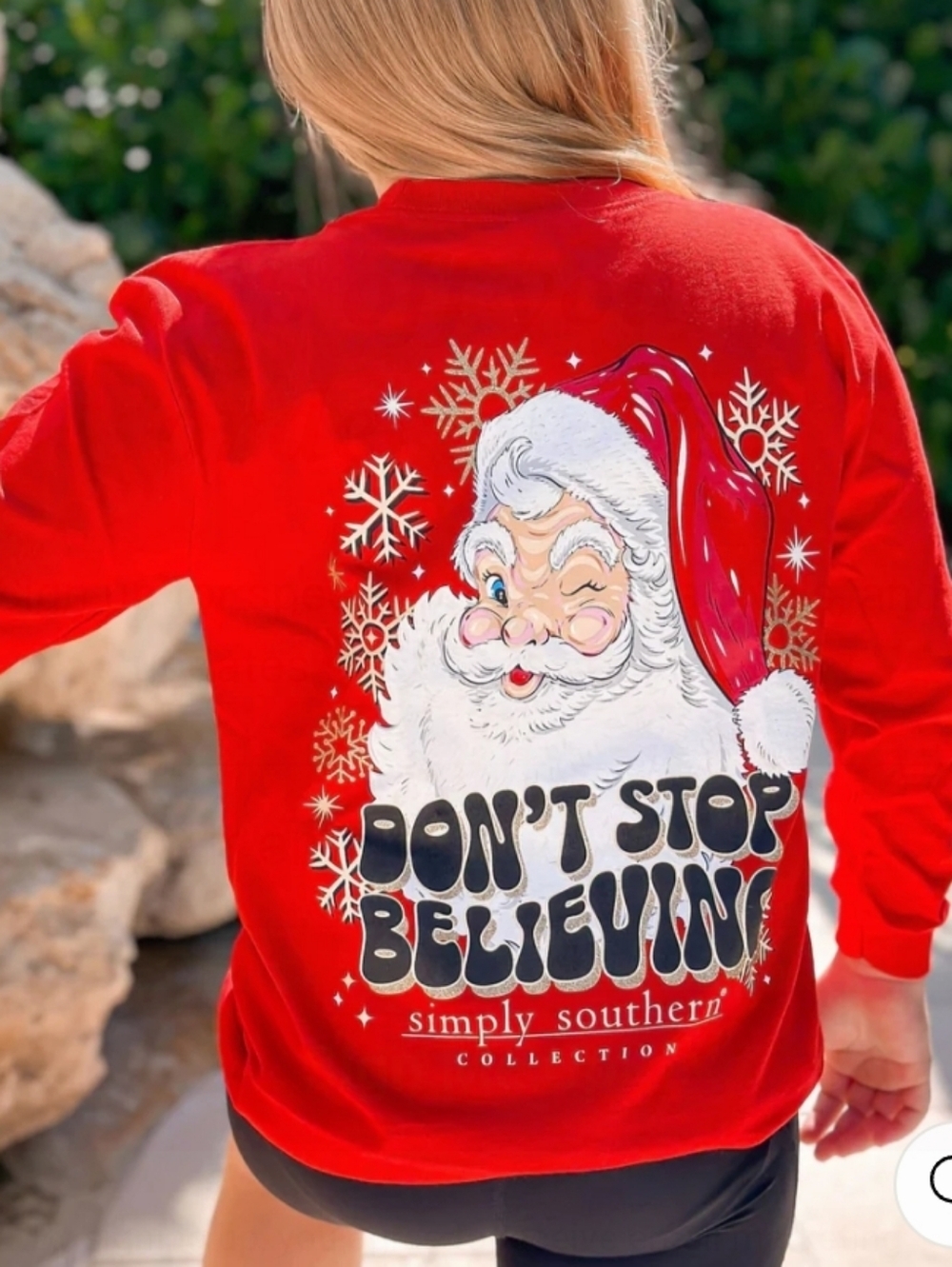 Simply Southern Long Sleeve Christmas Santa Don't Stop Believing Tee Shirt